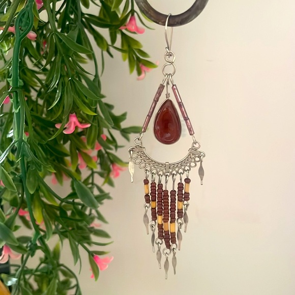 Dangle Earrings - Boho Vintage Silver Tone w/Brown Stone & Beads - 4" - Picture 5 of 7